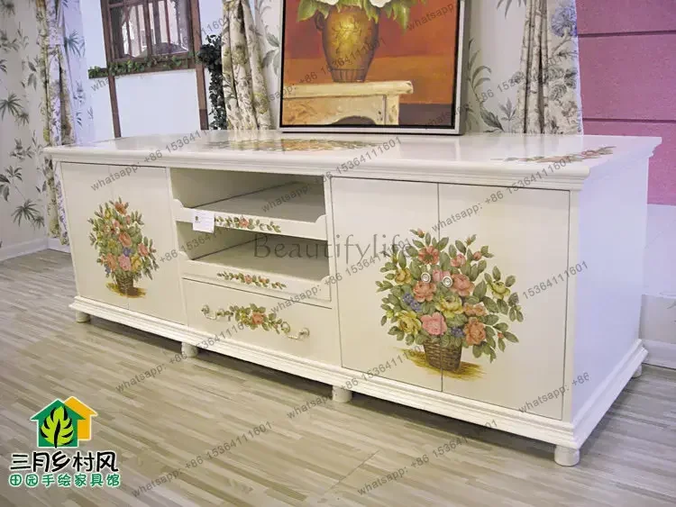 Solid wood pastoral hand-painted furniture painted rose TV cabinet audio-visual cabinet