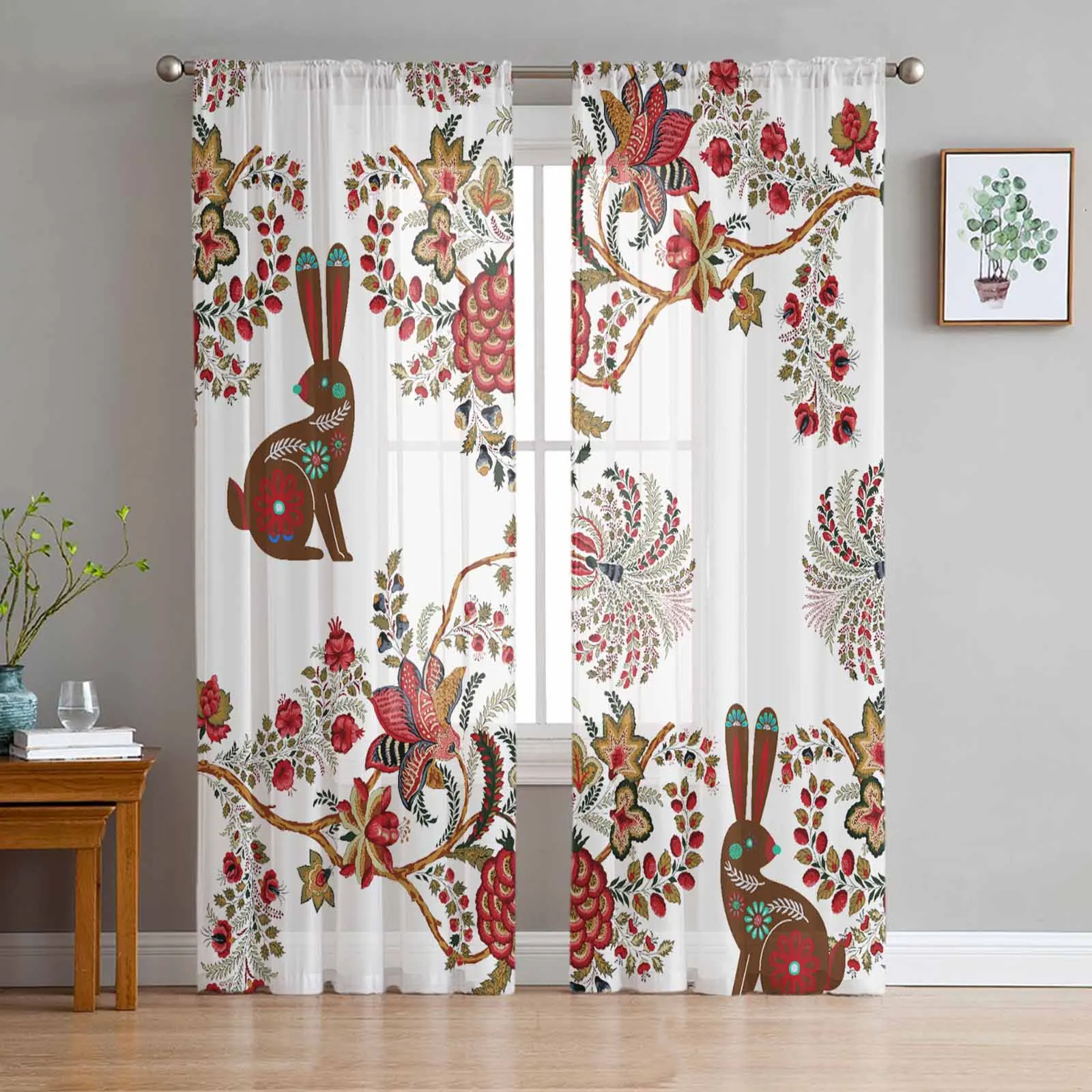 Easter Bunny Floral Boho Voile Curtains for Bedroom Window Tulle Curtain for Living Room Sheer Blinds Drapes