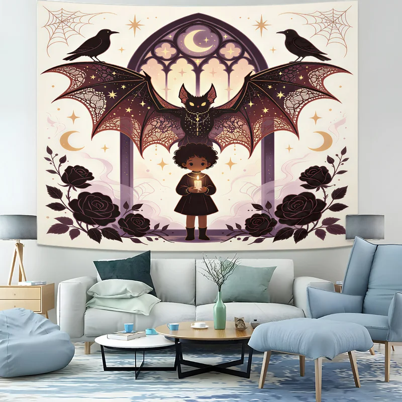 Gothic Halloween Tapestry Vintage Pumpkin Lantern Rose Bat Moon Print Wall Hanging Fashion Backdrop Home Wall Decor Holiday Gift