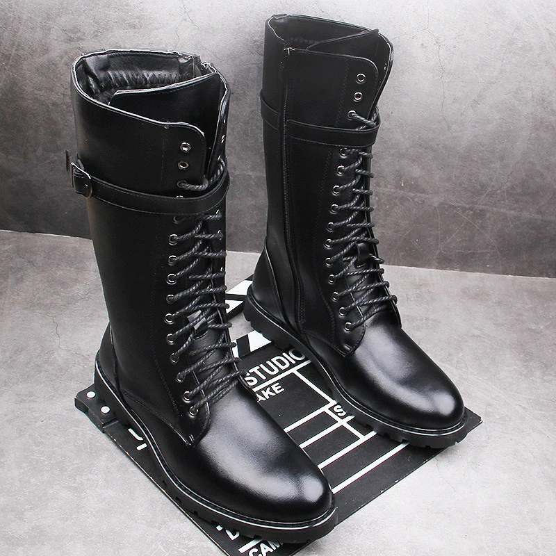 men fashion stage nightclub high motorcycle boots black designer shoes cowboy original leather boot cool long knight botas mans