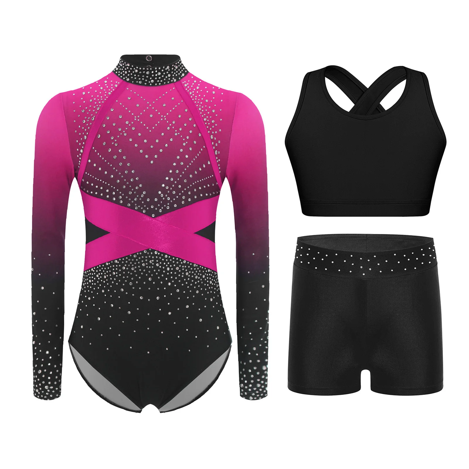 

3Pcs Kids Girls Gymnastics Figure Skating Dance Outfit Shiny Rhinestones Color Block Long Sleeve Leotard+Vest Crop Top+Shorts
