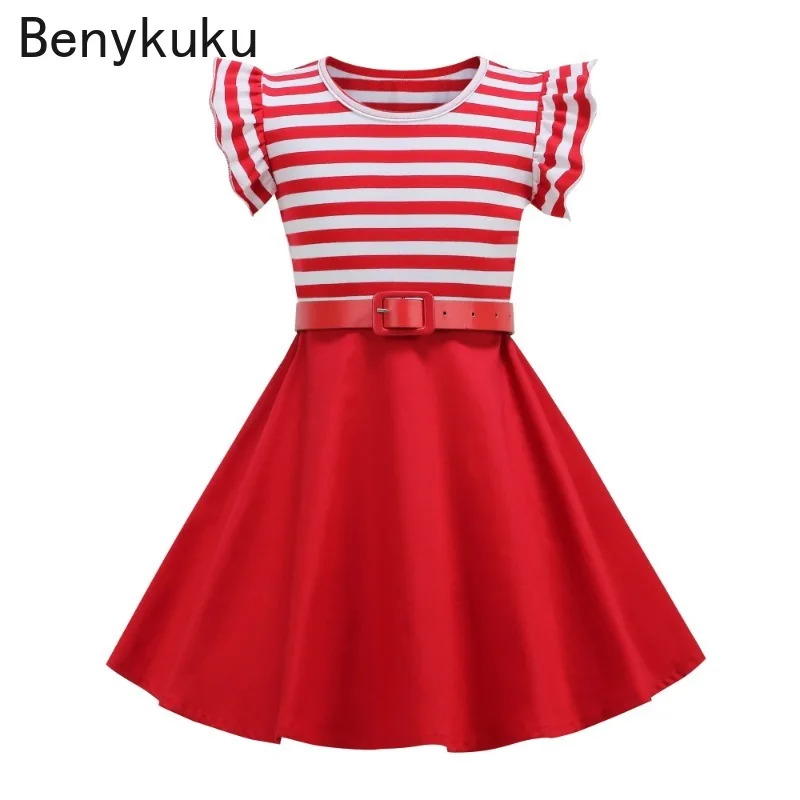 Listrado vermelho retalhos crianças 50s vestido vintage roupas de verão plissado manga meninas princesa alargamento crianças vestidos festa aniversári