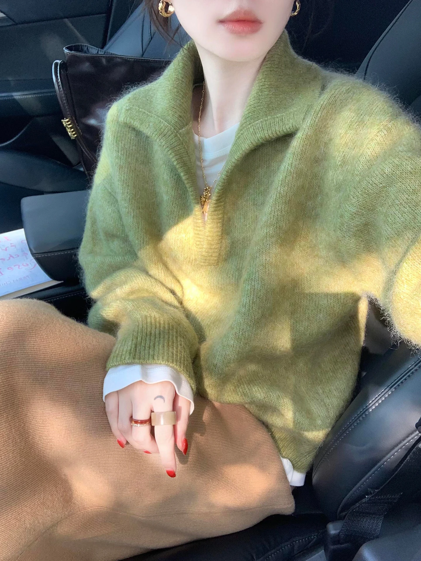 

Spring Autumn Korean Knitted Pullover Women's Autumn Winter New Turn-down Collar Loose Style Sweater Solid Color Green Orange