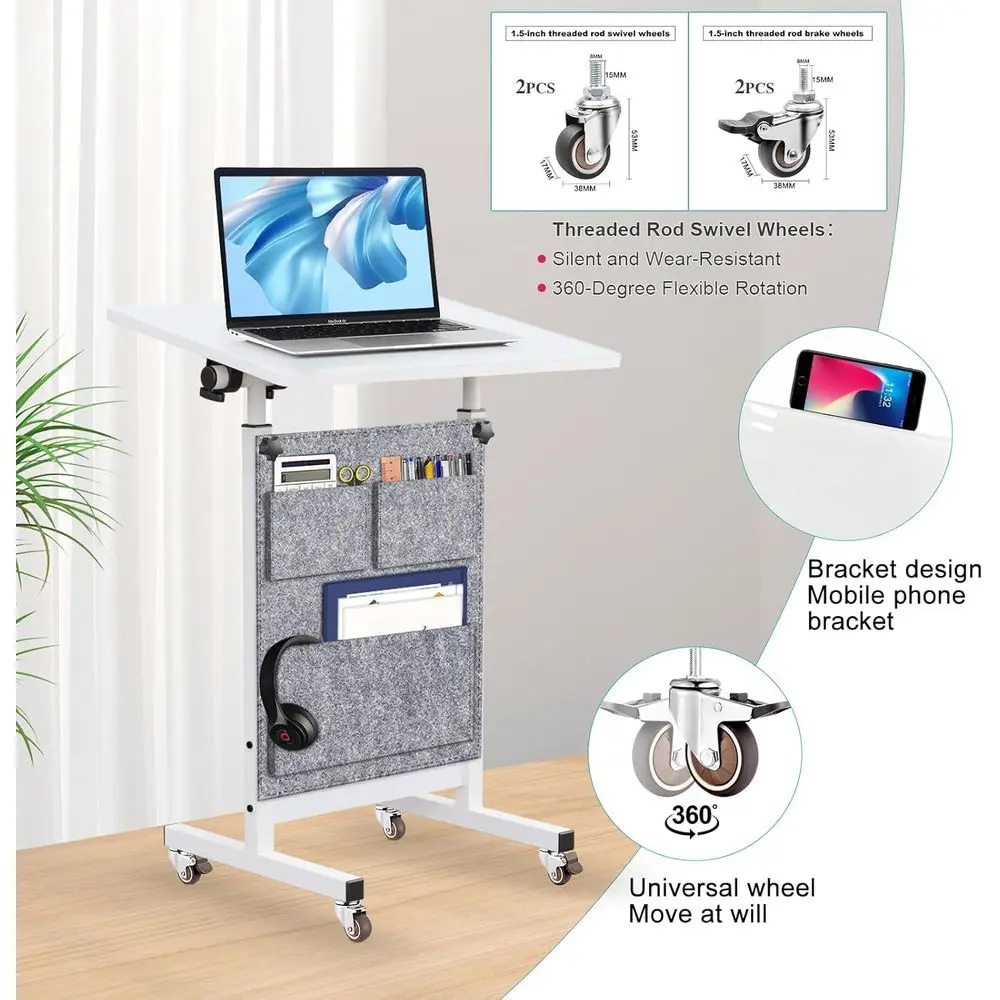 24 مكتب أبيض بارتفاع قابل للتعديل مع زجاج قابل للكتابة، 360 درجة ° دوران، عجلات، حقيبة للمساحات المدمجة والمكتب المنزلي (32-47 ارتفاع) #6