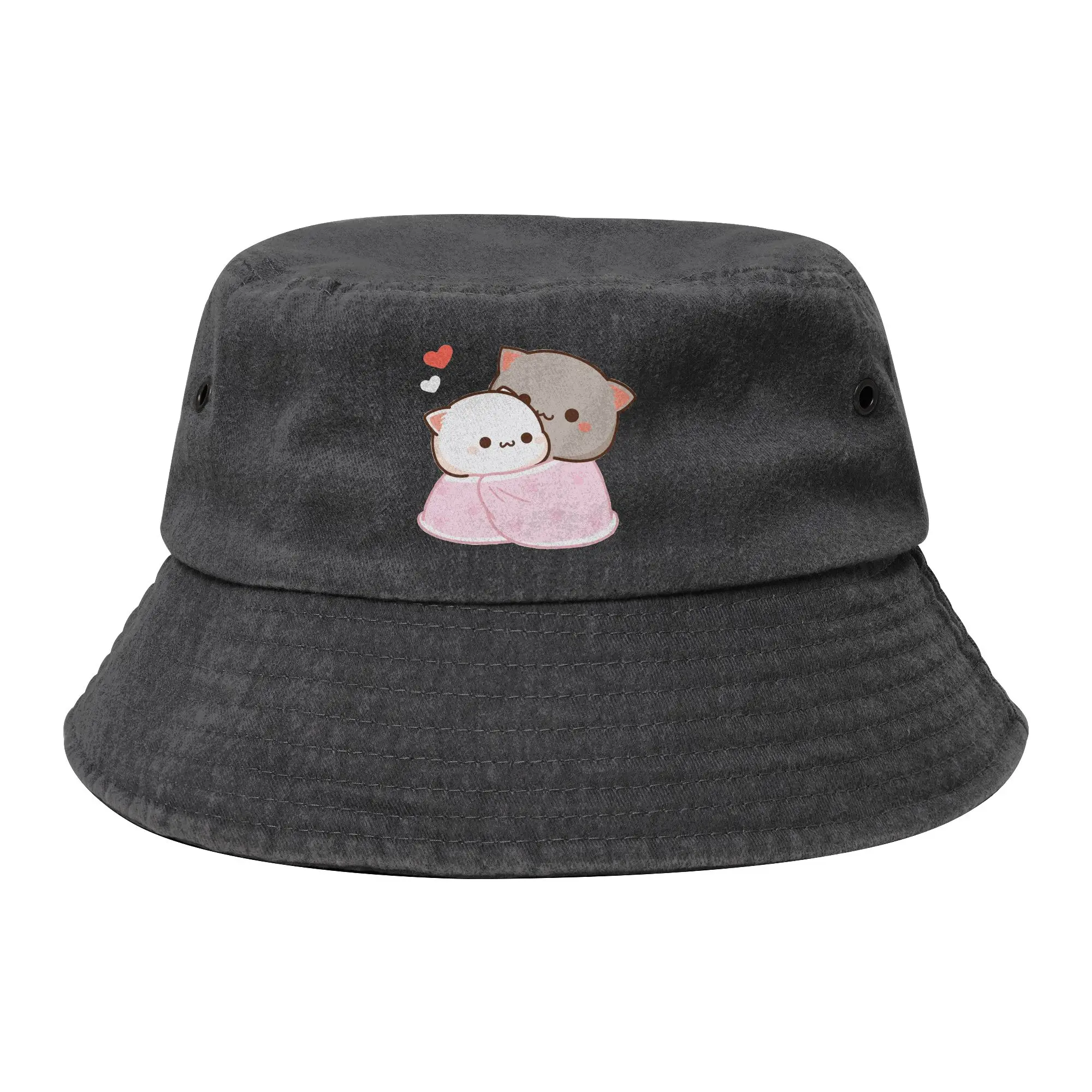 Vocation Chapeaux Bob Unisexe en Coton Vieilli, Motif Dessin Animé Mignon Peach et Goma, Chapeau de Soleil, Chapeau de Pêche Bob Motif Chat Pêche Mocha Mochi