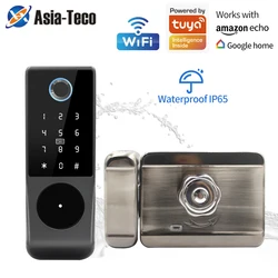 IP65 Waterproof Wifi Tuya App Fingerprint Smart Door Lock Outdoor Gate Password RFID Card Rim bolt Lock echanical Key with Alexa