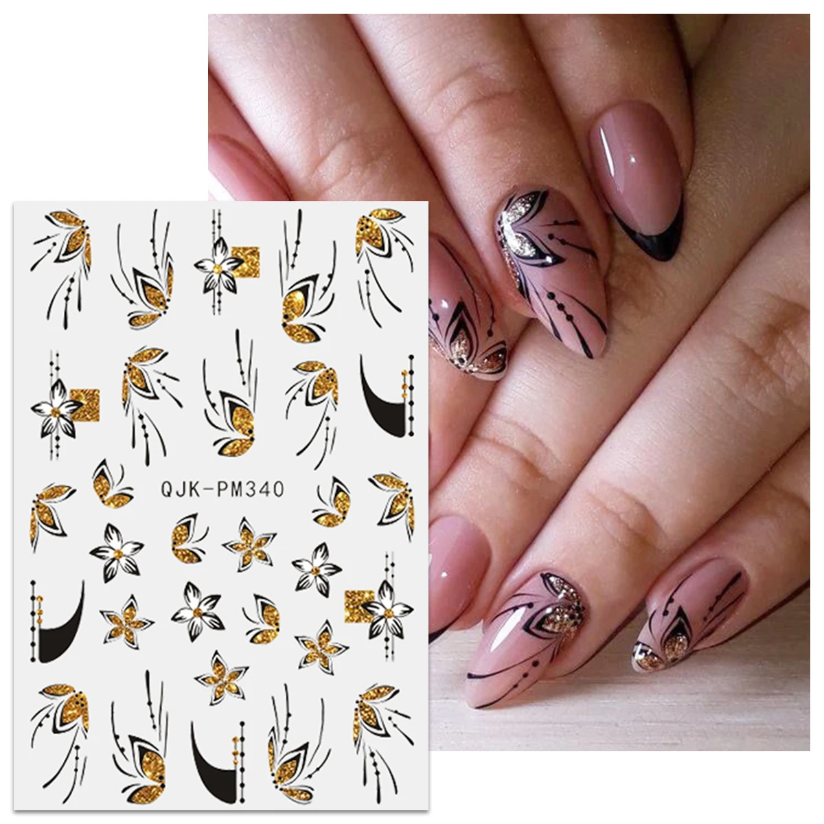 4pcs spring floral French gold glitter nail art stickers, easy to apply for nail decoration, DIY, gift, party makeup styling