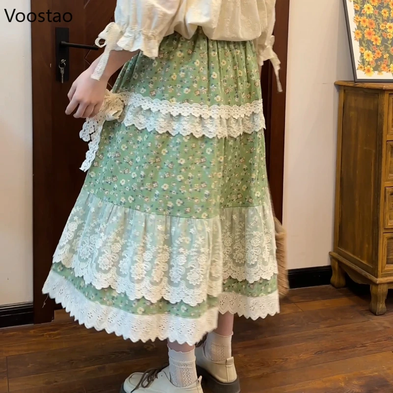 Mori Girl Style Sweet Floral Print Lace Skirt Women Elegant Mesh Patchwork Cotton and Linen Midi Skirt Casual High Waist Skirts