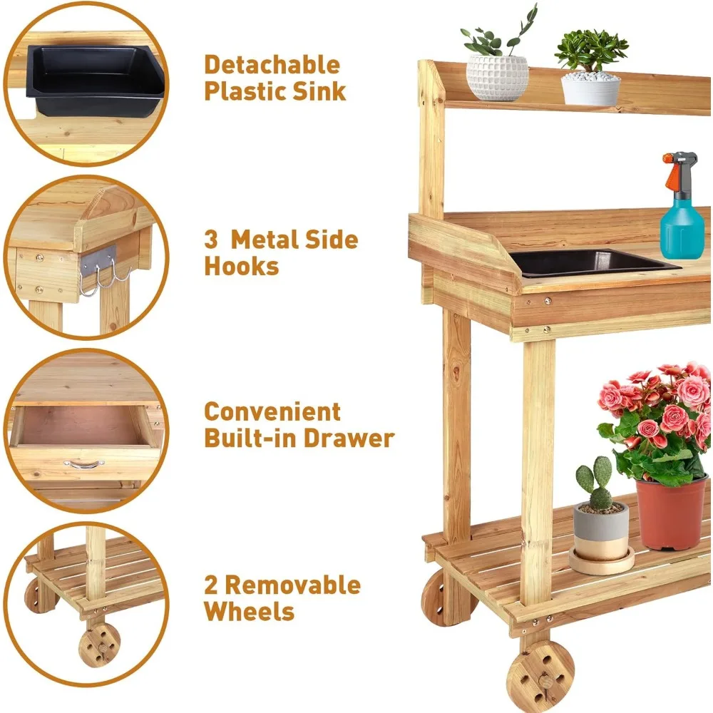 Outdoor Garden Solid Wood Potting Bench Table with Removable Sink Gardening Work Bench with Drawer Shelves Hooks on Wheels