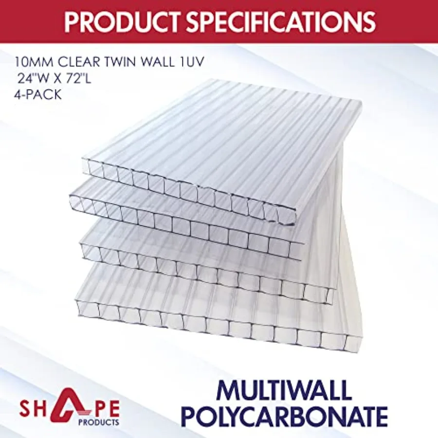 Clear Twinwall Polycarbonate Sheets 10mm Greenhouse Roof Panel Roofing Covering Outdoor Garden All-Weather, 24