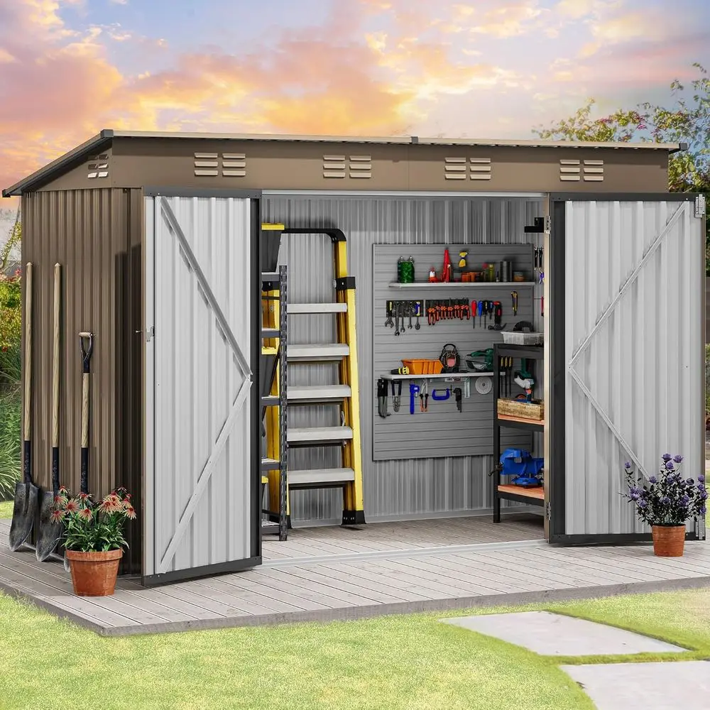 Durable Metal Outdoor Shed - Large Storage for Bikes, Tools, and Lawnmowers, Brown