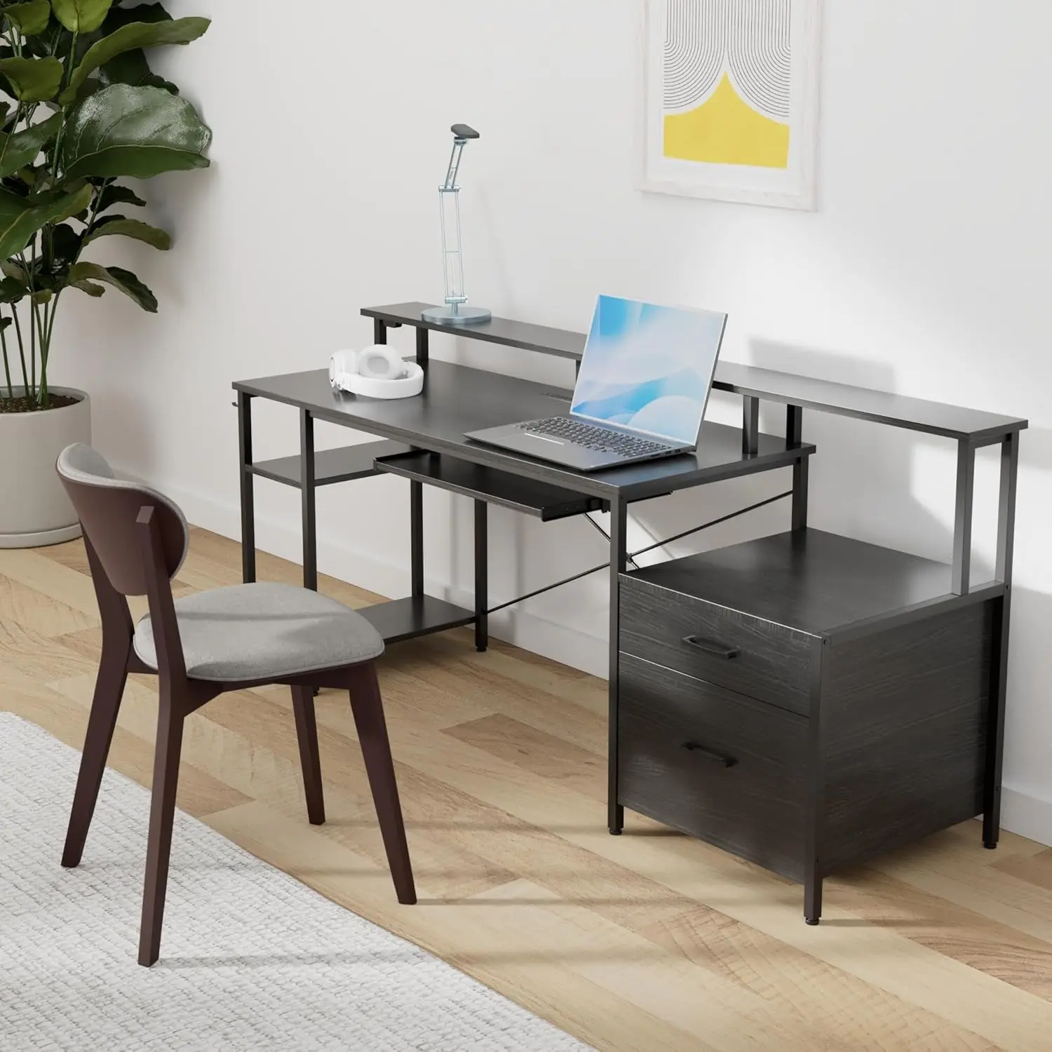 Rolanstar Computer Desk 59"" With File Drawer, Gaming Desk With Led Light & Power Outlets, Home Office Desk With File Cabinet &