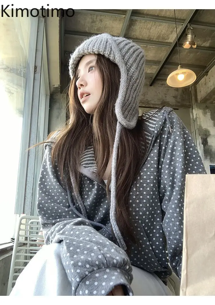 

Kimotimo Korean Style Polka Dot Striped Hoodie 2026 New Casual Slim Fit Zipper Short Coat Tops Vintage Versatile Y2k Sweatshirt