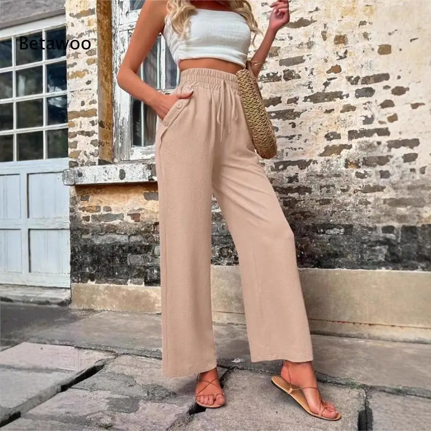 Elastic High Waist Drawstring Wide Leg Pants with Side Button Decor Casual Loose Trousers for Women Daily Wear