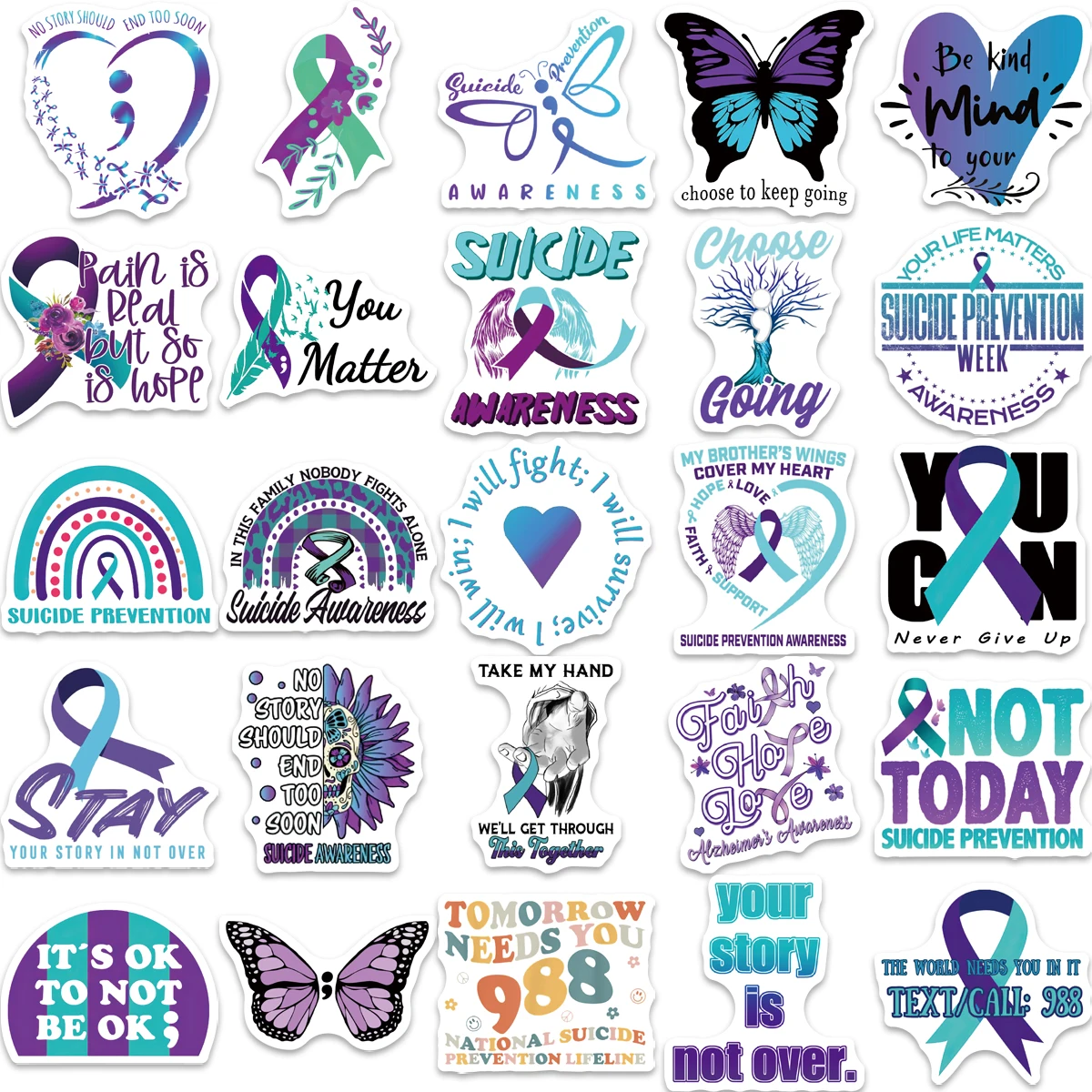 50pcs Anti Suicide Prevention Awareness Sticker For Laptop Scrapbook Luggage Box Water Bottle Mental Health Waterproof Stickers