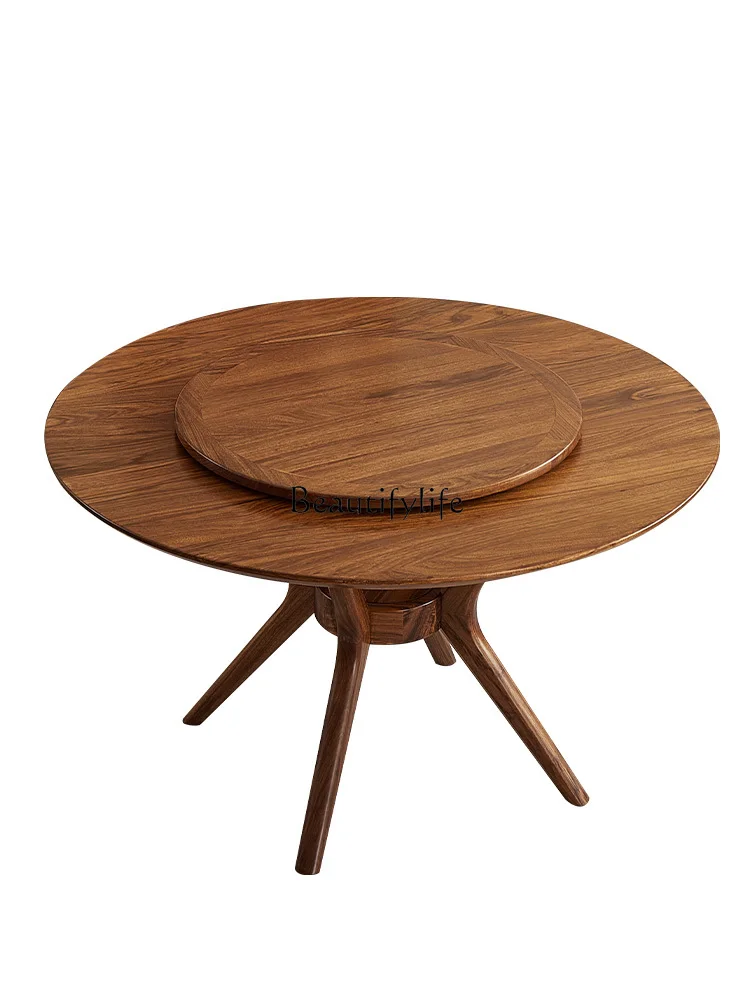 

Ebony solid wood dining table Modern Chinese simple round dining table with turntable