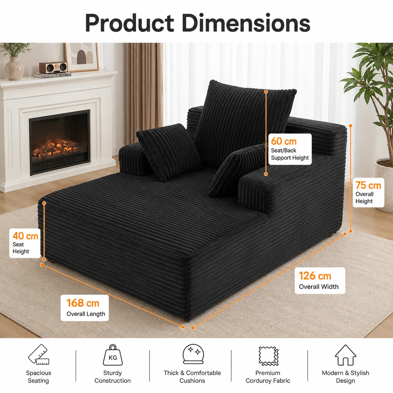 Vacuum Compressed Sofa Chair Oversized Corduroy Chaise Lounge, Deep Seat Floor Couch for Living Room Bedroom