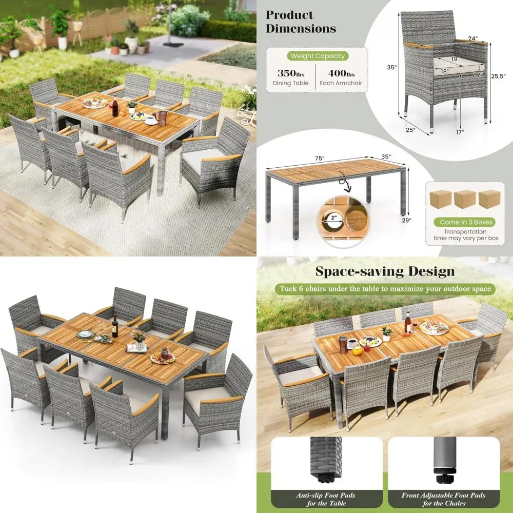 

9-Piece Outdoor PE Wicker Dining Set with Acacia Wood Table, Chairs, Cushions, and Umbrella Hole in Grey and White