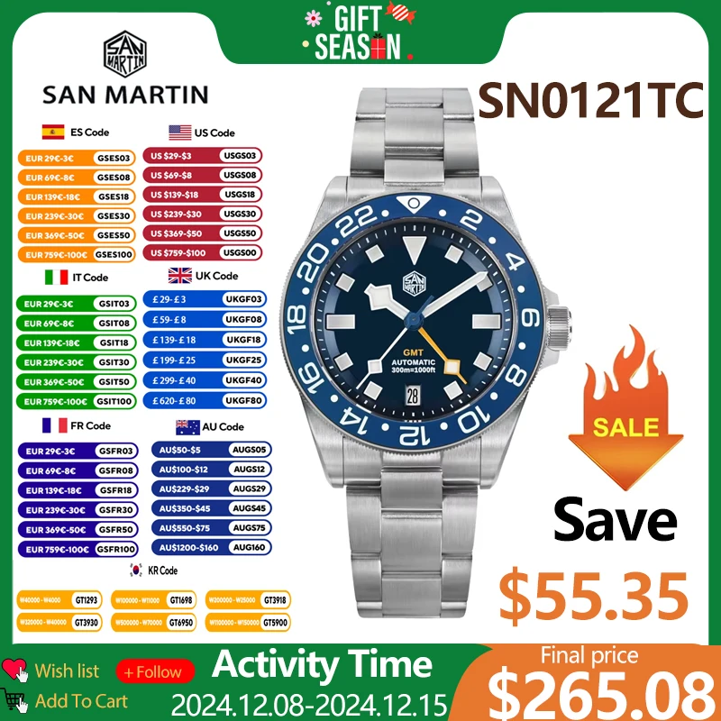 San Martin SN0121TC Titanium 39mm Watch NH34 GMT Automatic Movement Sapphire 24 Click BGW9 Luminous 30Bar Waterproof Watches