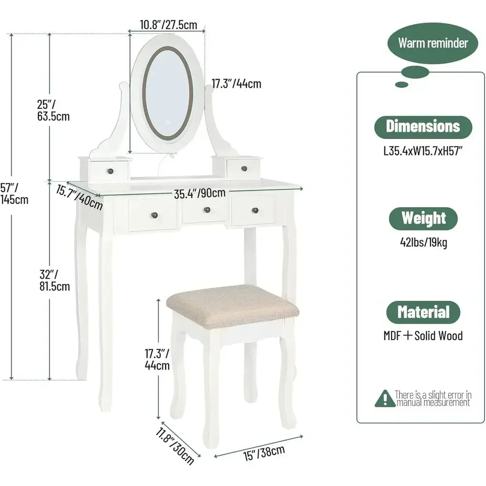 Adjustable 360° Rotating Vanity Mirror with 5x Magnification, 3-Color LED Lights, and Cushioned Stool for Adults and Girls