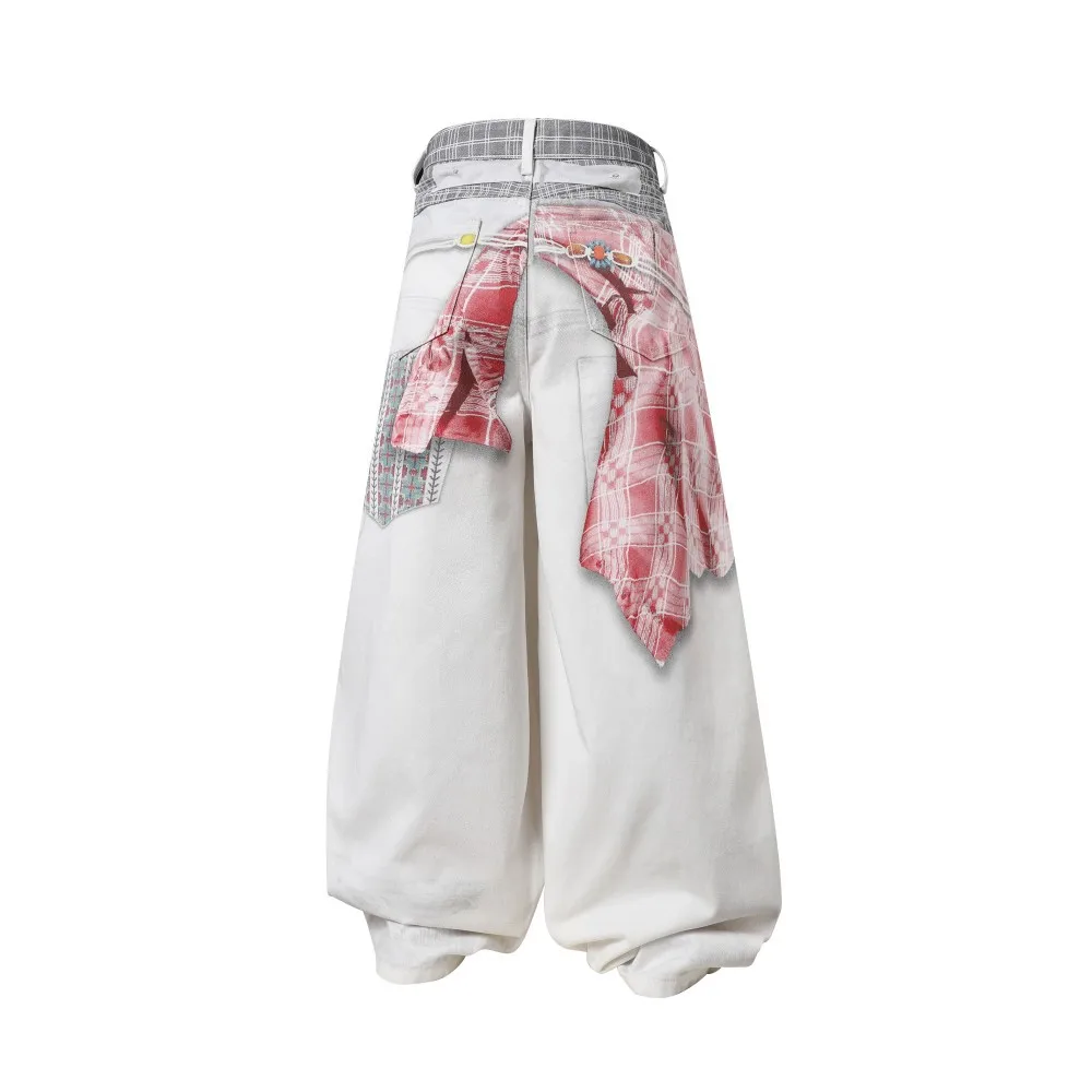 High Street Grid Splicing Deconstructive Style Wide Leg Jeans Pants Men's Drawstring Decoration Retro Casual Loose Denim Pant
