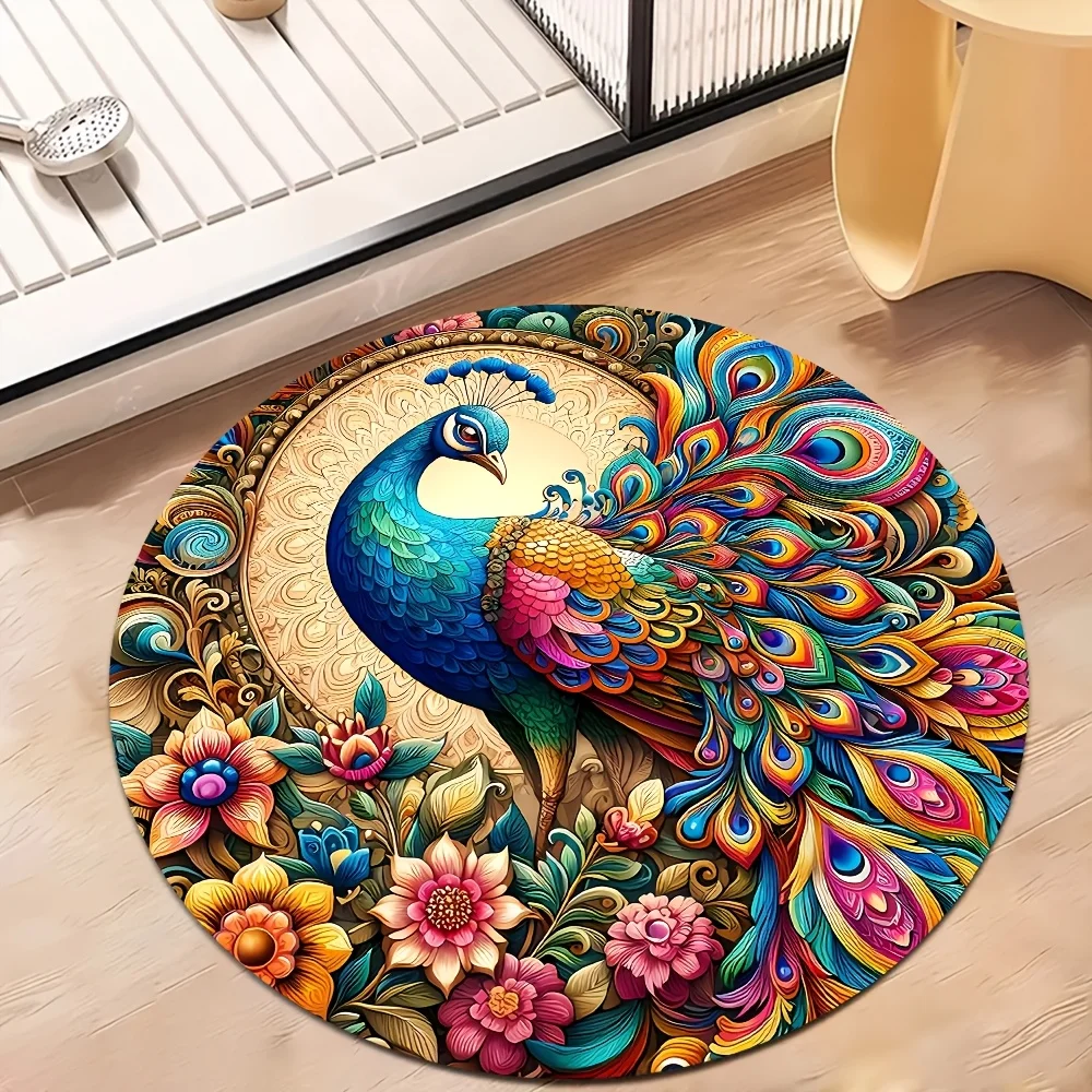 

Круглый коврик с узором павлина, экзотический коврик для ванной в стиле бохо, уникальный тропический декор для дома с противоскользящей основой