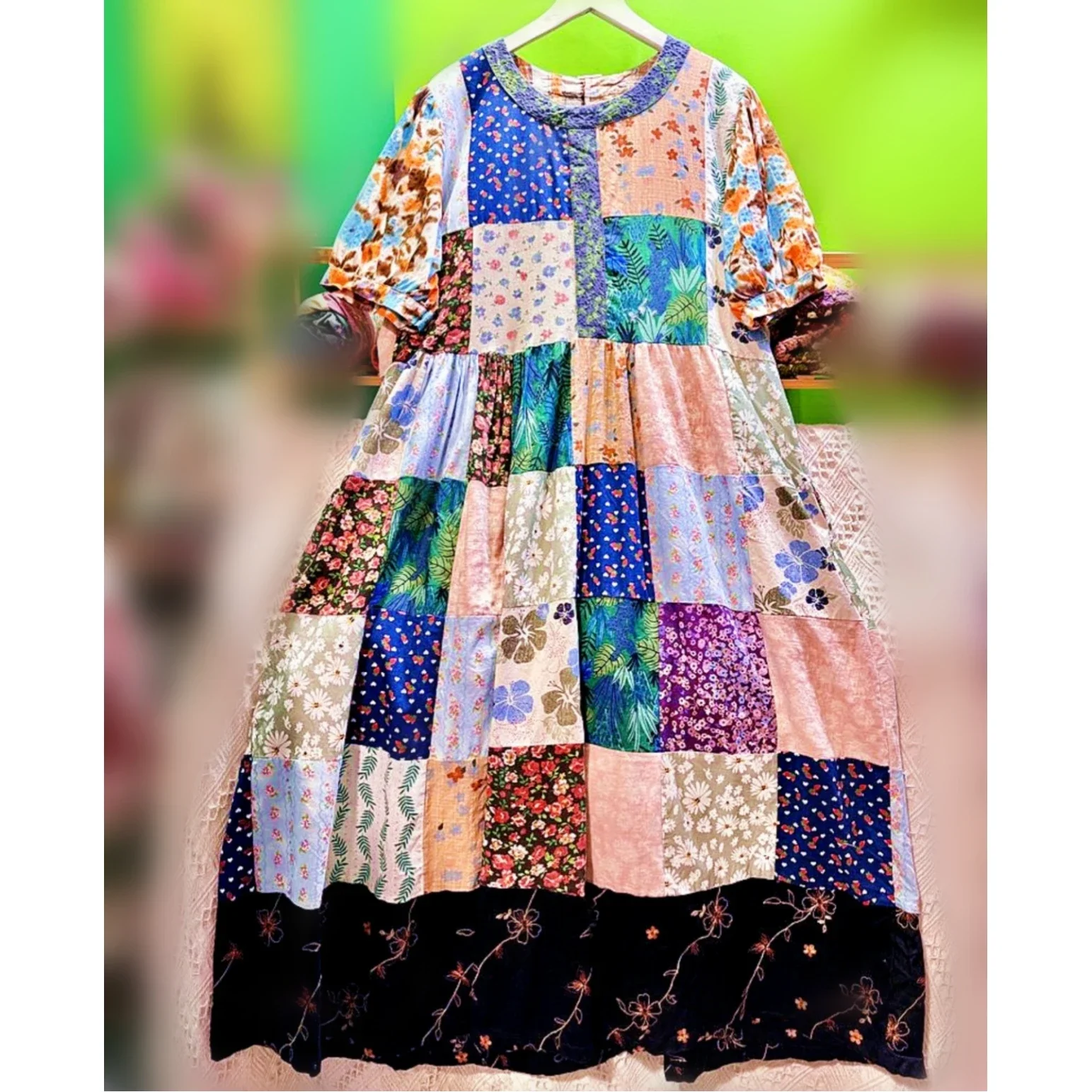 

Patchwork Cotton Summer Retro Chic Holiday Bali Midi Dress for Women Vintage Hippie Boho Gypsy Ibiza Beach Thailand Long Dress