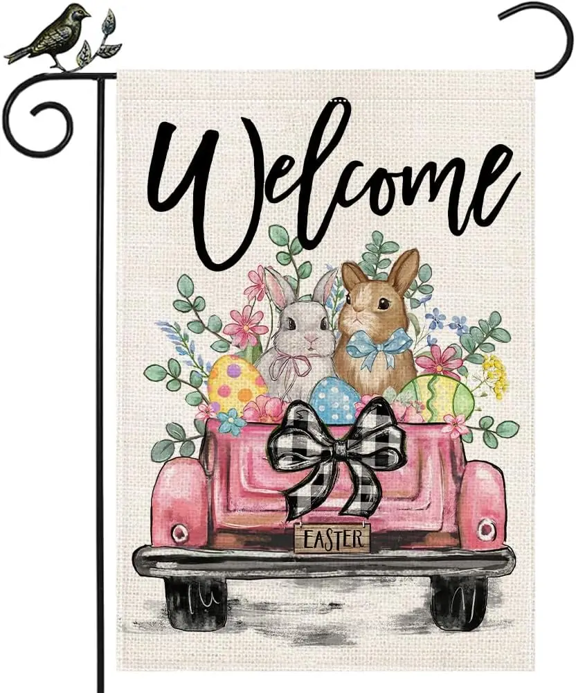 GEEORY Easter Garden Flag 12x18 inch - Bunny Eucalyptus Truck Farmhouse Double Sided Burlap Flag for Spring Yard Lawn Outdoo AAS