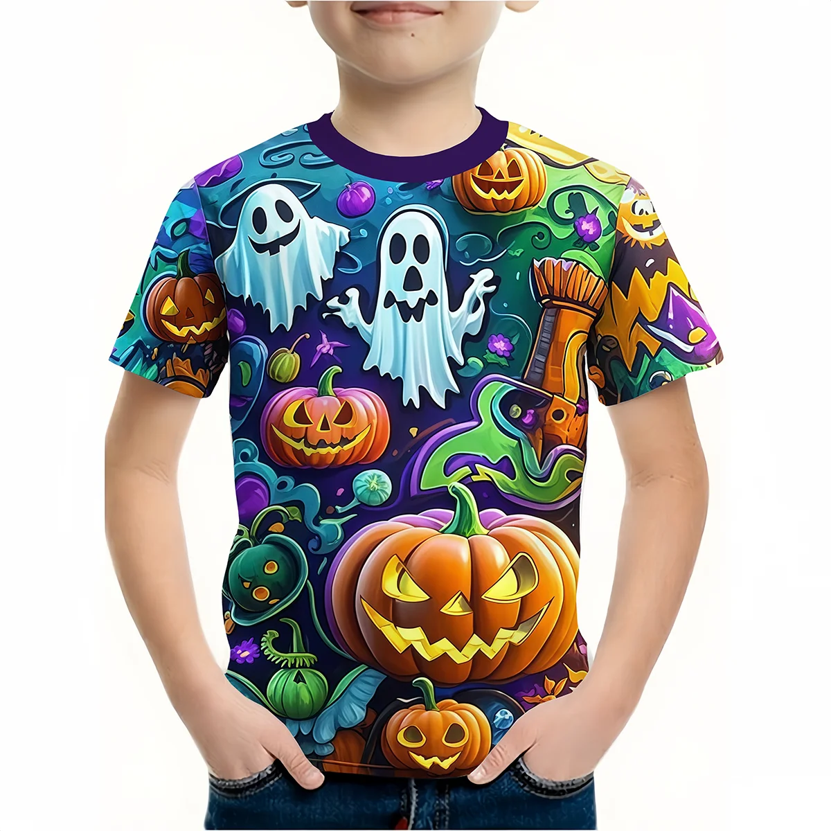 Boy Clothes Funny Terror Pumpkin Graphic T Shirt Boys Girls Halloween Short Sleeve Tops 2-10Y Kids Halloween Gift Party T-Shirt