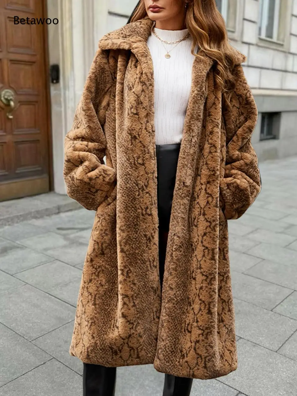Women Open Front Notched Lapel Leopard Faux Fur Long Coat Loose Silhouette Soft Fluffy Winter Outerwear