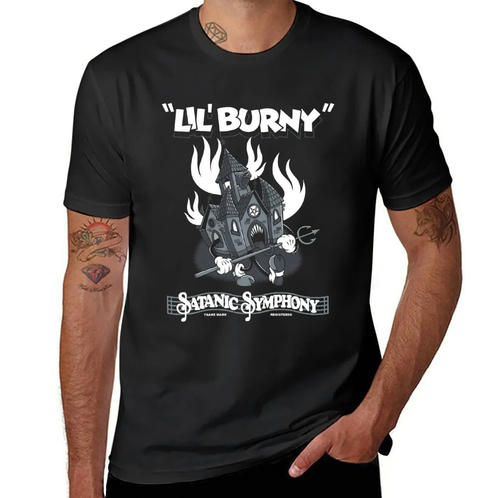 

New Lil Burny - Satanic Symphonies - Vintage Cartoon Burning Church - Rubber Hose T-Shirt plain t-shirt men t shirts