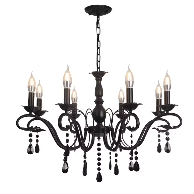 

American Retro Minimalist Black Iron Crystal Chandelier Postmodern Living Room Dining Room Bedroom Cloth Lighting Fixtures