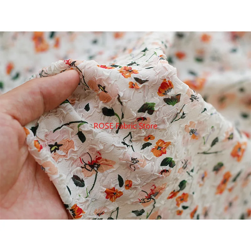 

Orange flowers Printed Chiffon Fabric Floral Breathable Embossed fabric For Spring Dress, Vacation Party dress, Dance Dress