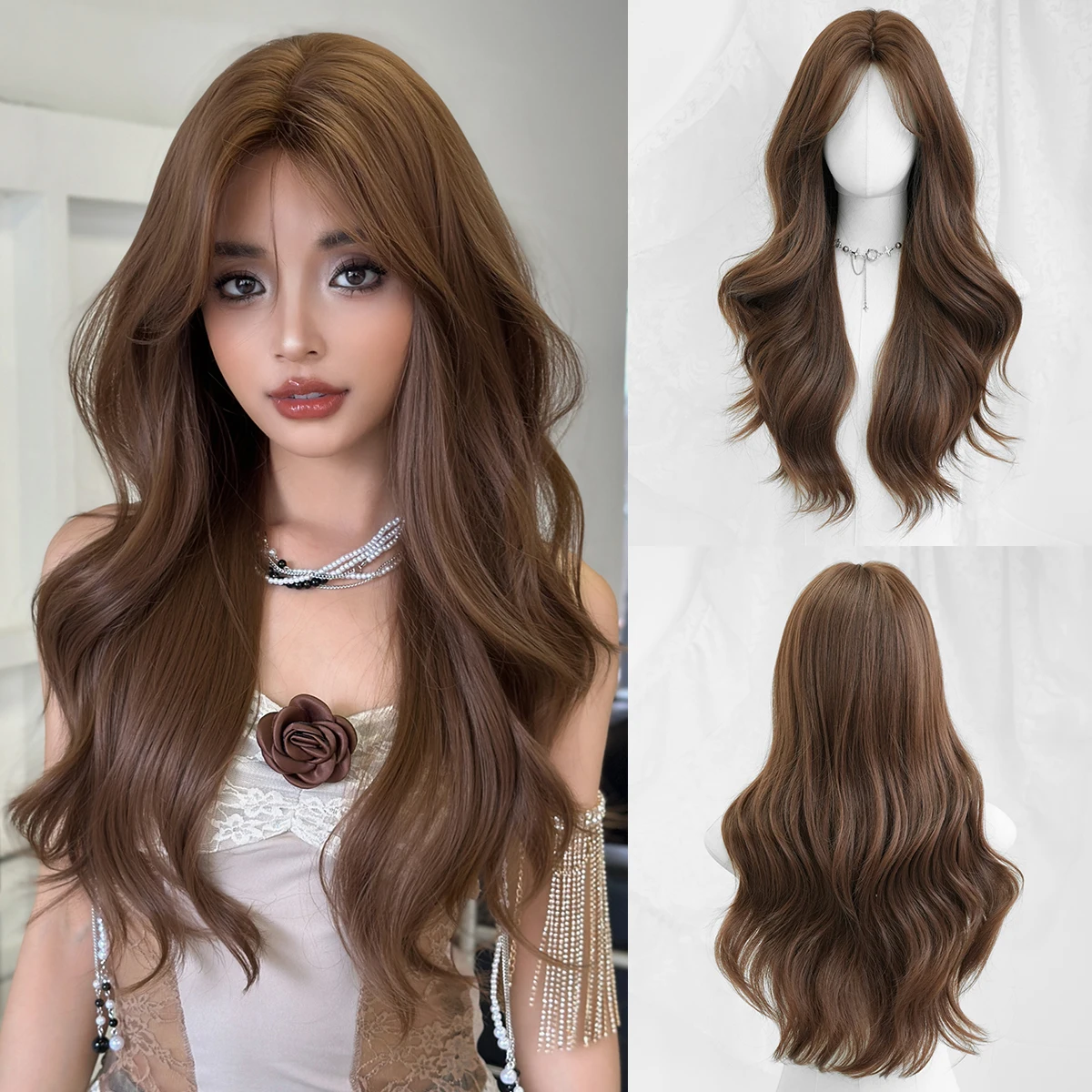 

NAMM Synthetic Long Wavy Light Brown Wig For Women Cosplay & Street Photography Use Heat Resistant Fiber Hairpiece Wig