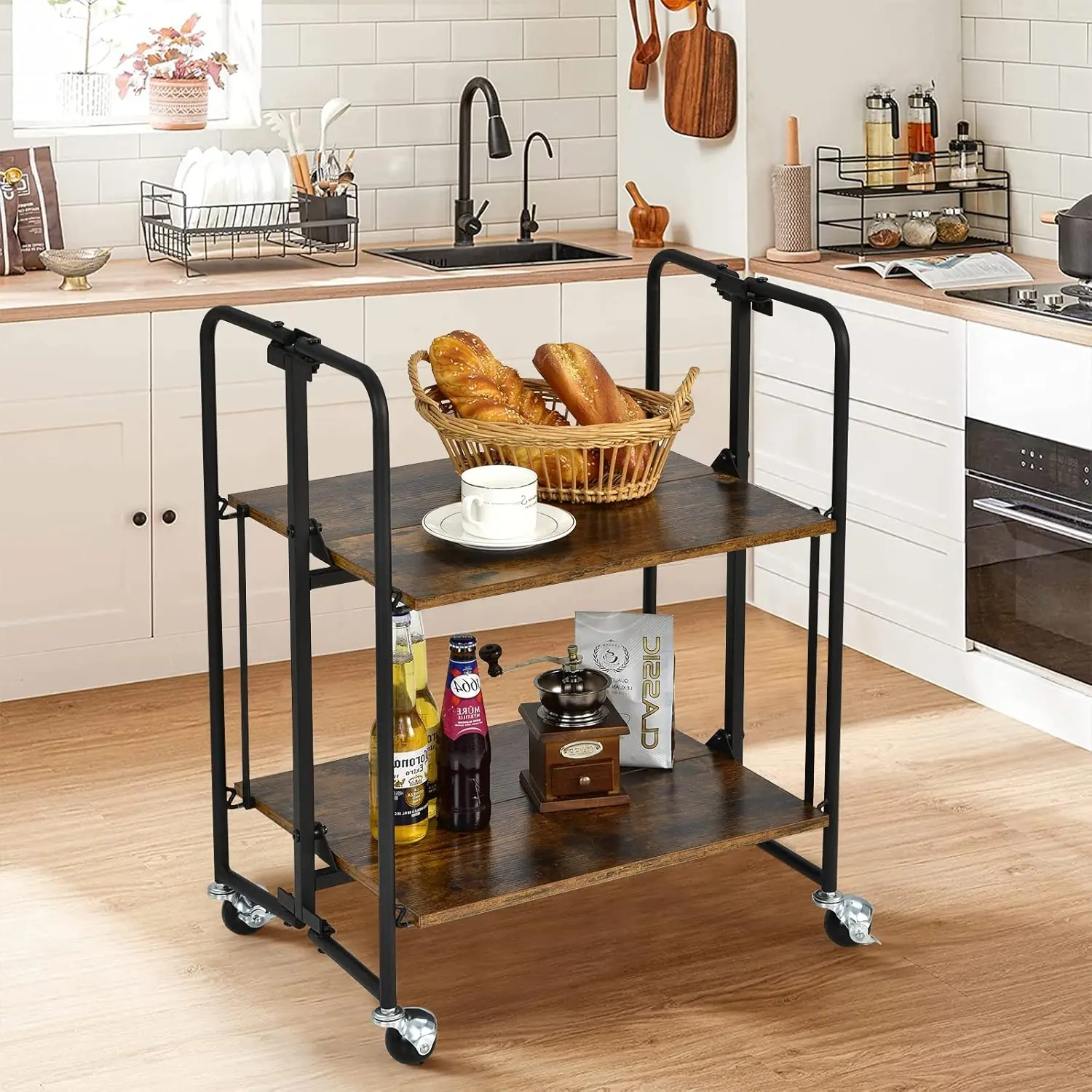 Giantex Foldable Storage Shelves With Wheels, No Assembly 2-Tier Rolling Cart, 2 Of The Wheels Have Locks, Microwave Utility