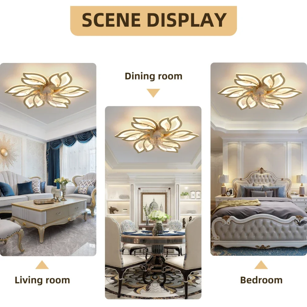 Ventilatore da soffitto in oro titanio da 25,5 pollici con telecomando leggero 3 colori Motore silenzioso a 6 velocità per camera da letto Soggiorno Design moderno