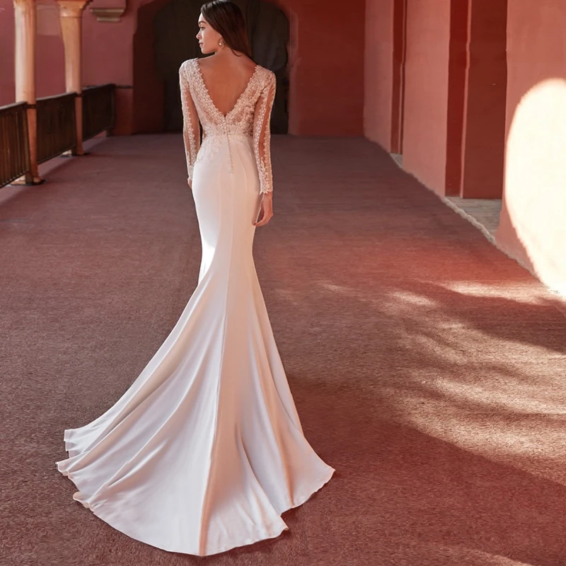 Vestidos De novia De sirena sexys con cuello en V profundo, encaje bordado, mangas largas, ilusión en la espalda, tren De barrido, Vestidos De novia