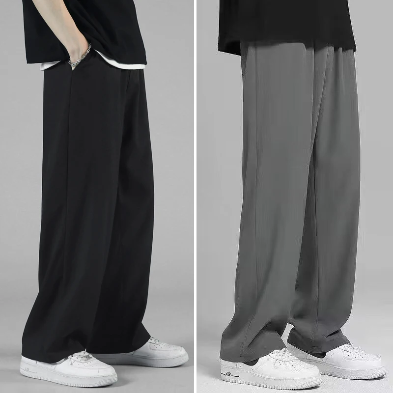 夏用アイスシルクカジュアルパンツ メンズ 薄手 涼感 速乾 モーションストレート ブラック トレンド 多用途 ルーズ