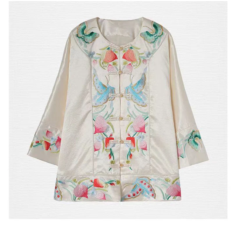 High end Spring New Acetate Fabric Peach + Butterfly Embroidered O-Neck Single breasted Loose Fashion Women's  Jacket S-XL