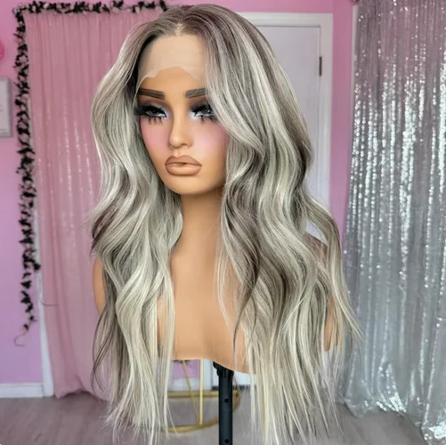 Ashy Grey Blonde Highlights Women Natural Wig 13x4 Lace Frontal Wigs Soft Synthetic Lace Wig Loose Wavy High Heat Fibre Cosplay