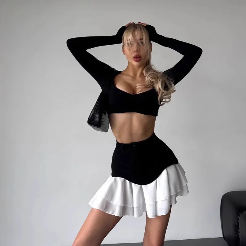 Short Skirt Splicing Pleated Skirt High Waist Slimming Female Hip Hot Girl Sexy Irregular Splicing Skirt
