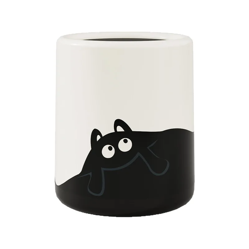 12L Black Cat/Ripple Style Trash Can High-capacity Bathroom Trash Bin Waterproof Wastebasket with Lid Living Room Lovely Dustbin