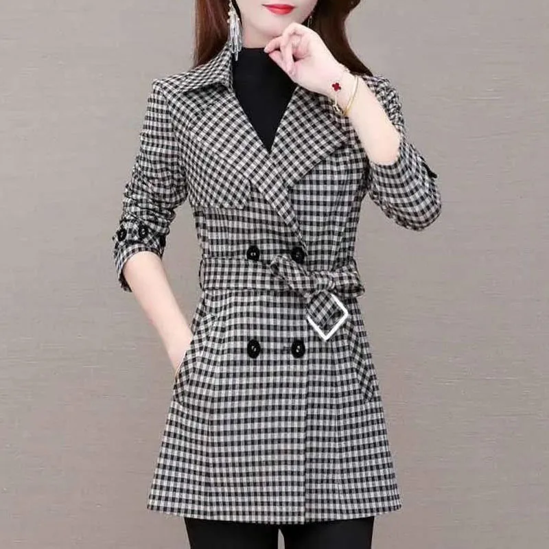 Trench coat xadrez slim fit feminino, versão coreana, confortável, casual, terno versátil, nova moda, primavera e outono, 2023