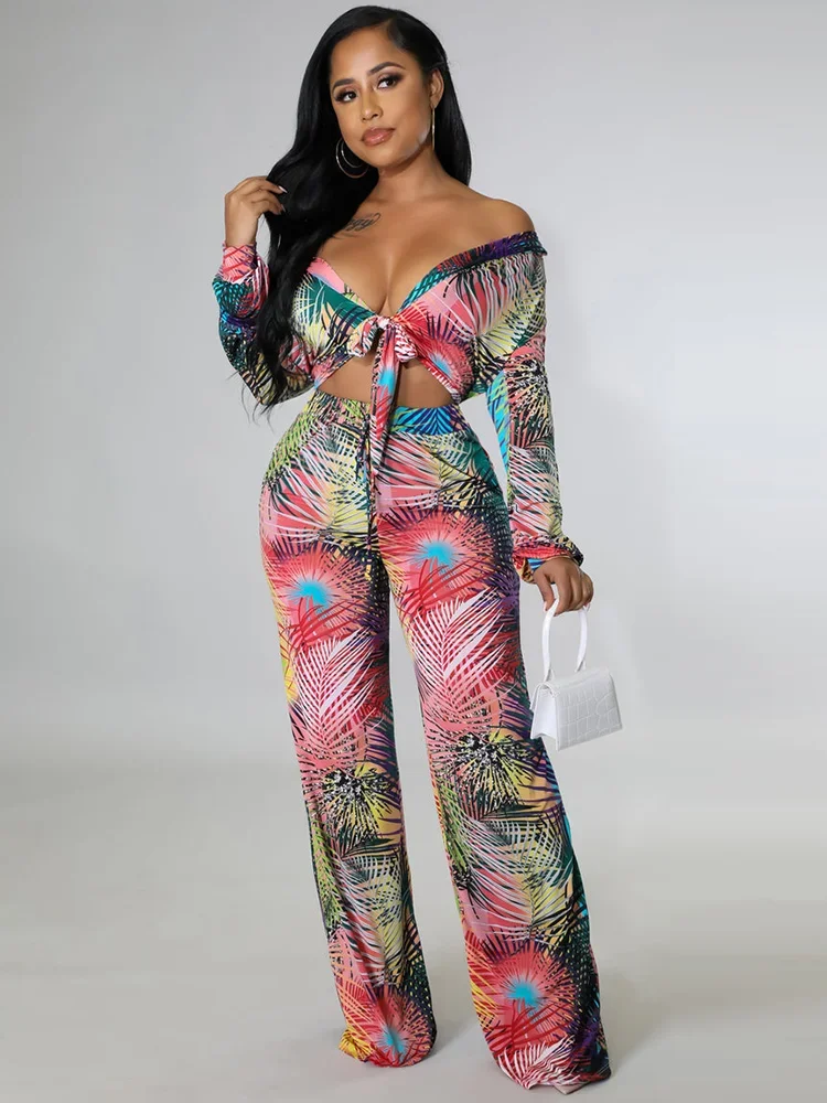 Sets Outifits 2023 Plant Printed Wrap Top&pants Set of Two Fashion   Casual Pieces for Women Casual Female