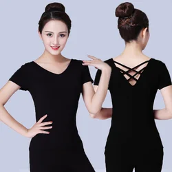 2023 New Adult Women Large Size Latin Dance Top Costmues Modern Ballroom Dancing T-shirt Black Sexy Back Cross V-neck Dancewear