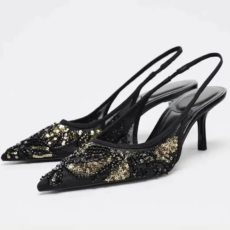 Fashion Mesh String Bead Embellished Design Heels Women Elegant Pointed Toe Back Strap Slide Sandals Black Party Dress Shoes