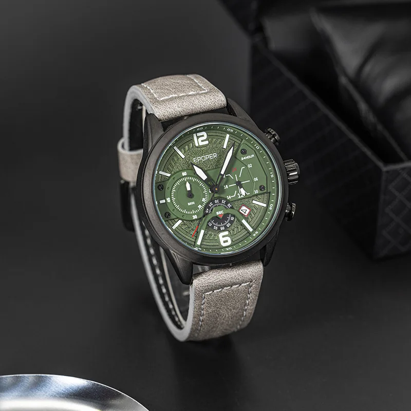 Military green men's six-hand series watch, stylish, versatile, business and sports, multi-functional leather strap quartz watch