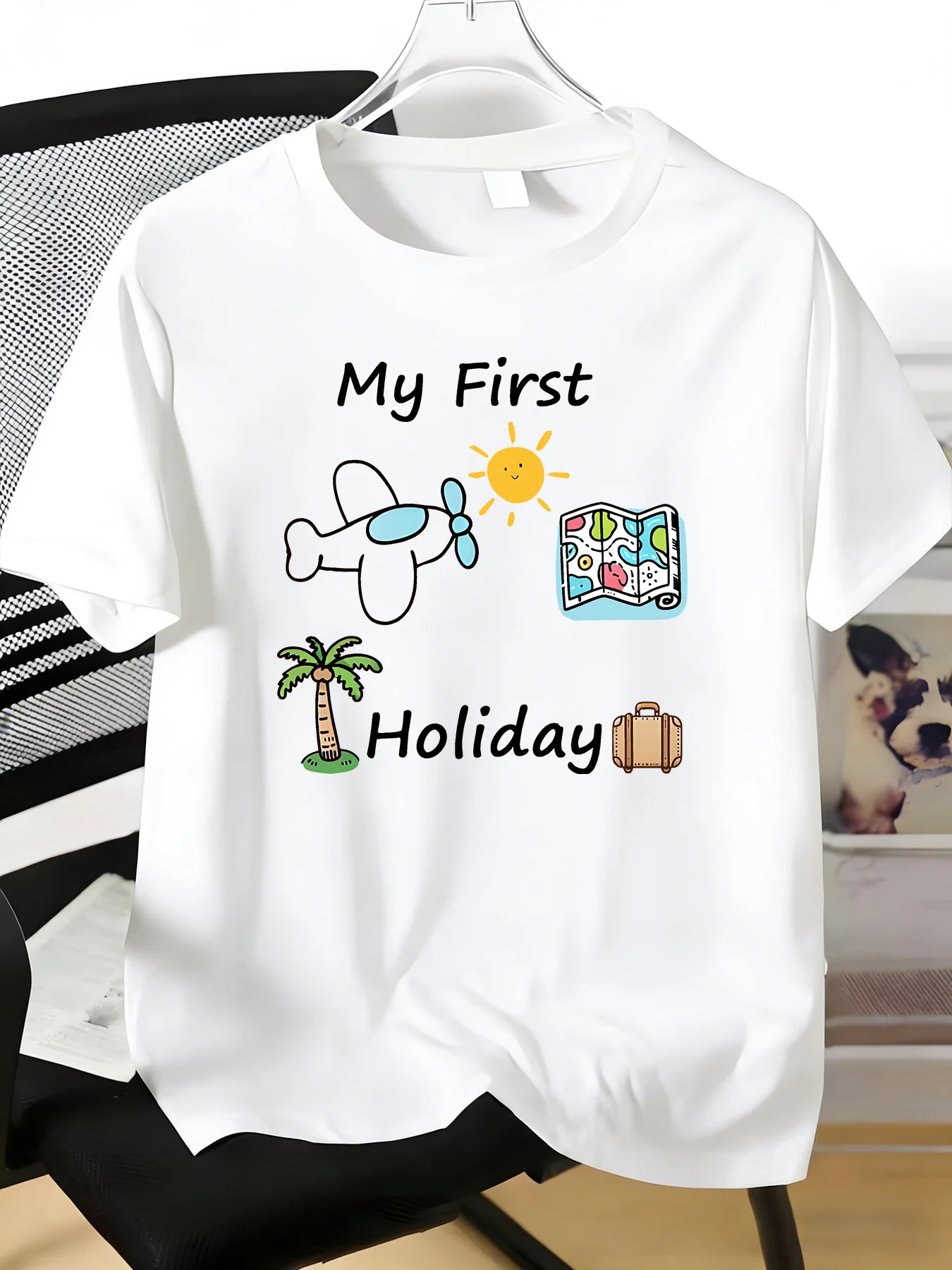 Mens Red Short Sleeve Crew Top My First Holiday Airplane Palm Tree Map Luggage Cartoon Print Soft Summer Travel Casual Male Tee