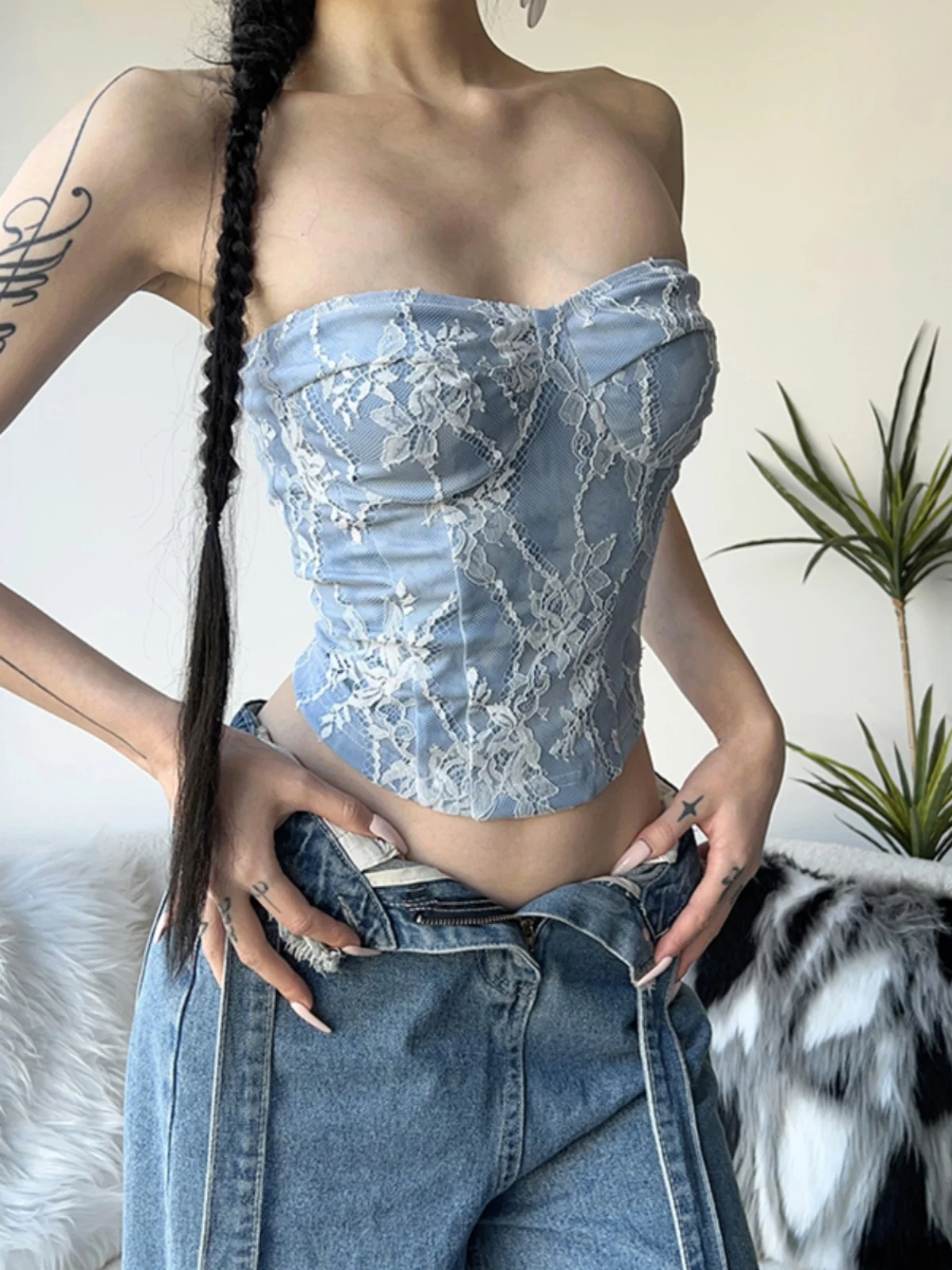 WEIRD PUSS Blue Lace Splice Tube Top Women's Irregular Slim Fit ort irt Street Sle Polyester Spandex Blend