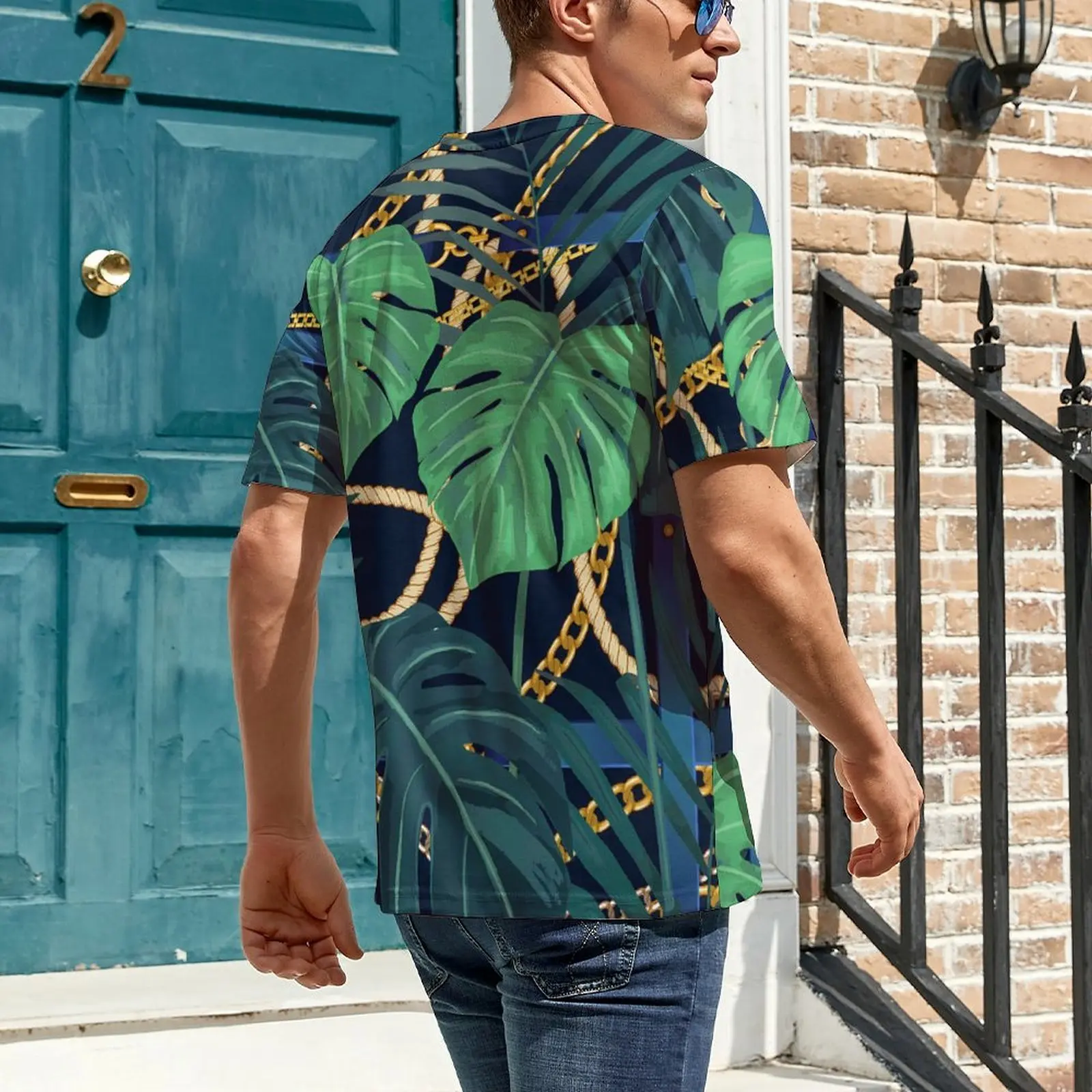 Gold Chains T-Shirt Palm Leaf Print Hip Hop T Shirts Short Sleeve Graphic Tops Dropshipping Summer Aesthetic Oversized Clothing